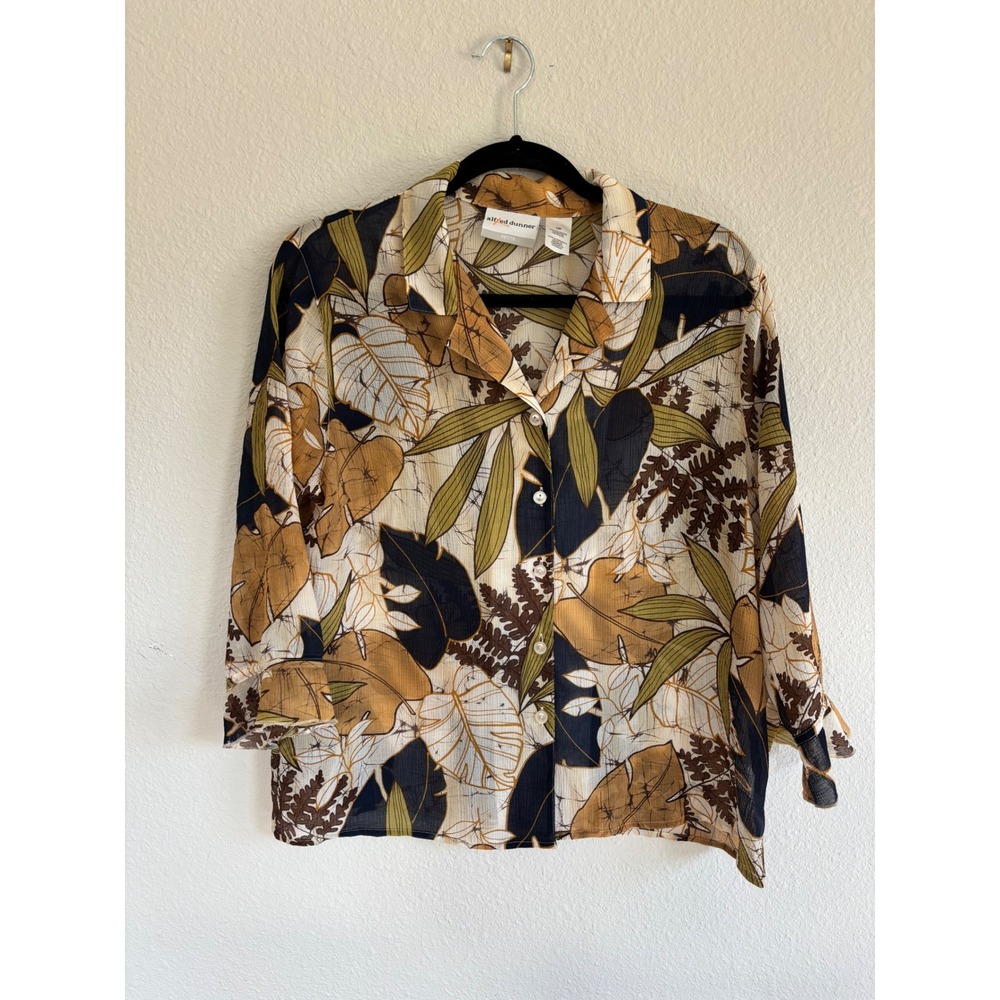 Alfred Dunner Blouse 10P Multicolor Tropical Leaf Print Button Up 3/4 Sleeve